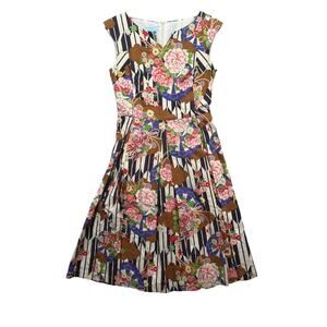 Maiocchi Floral A-Line Dress Brown Pink White Floral Pattern Midi Summer sz 8